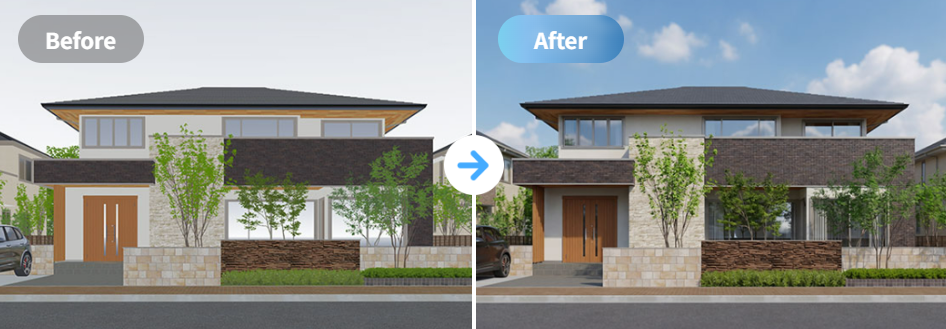 AIパースによる外観パースの高画質化（Before / After）