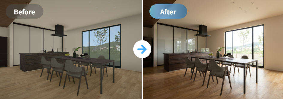 AIパースによる内観パースの高画質化（Before / After）