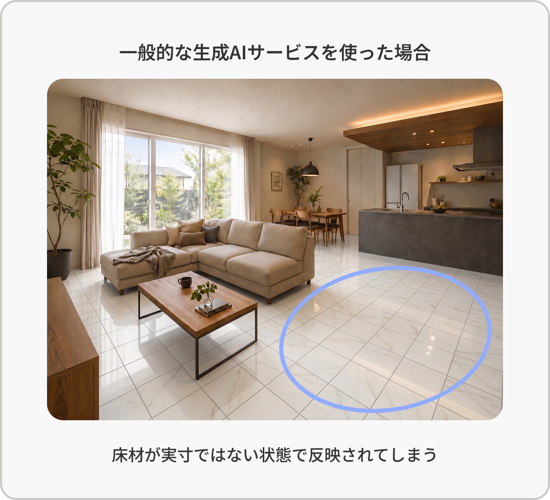 一般的な生成AIサービスを使った場合：床材が実寸ではない状態で反映されてしまう