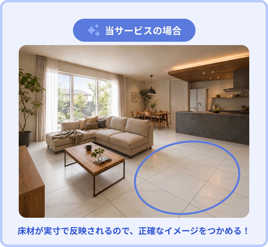当サービスの場合：床材が実寸で反映されるので、正確なイメージをつかめる